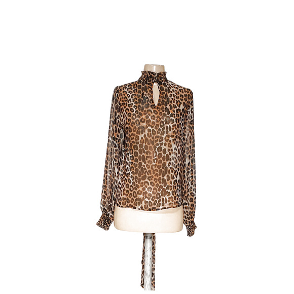 Express Petite Brown Animal Print Chiffon Blouse - Picture 1 of 4